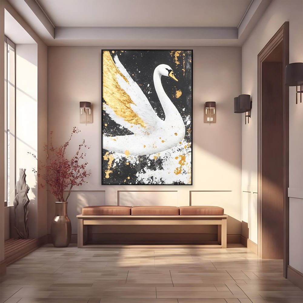 Tablou canvas cu tablou canvas cu lebada si auriu, in rama de aluminiu negru