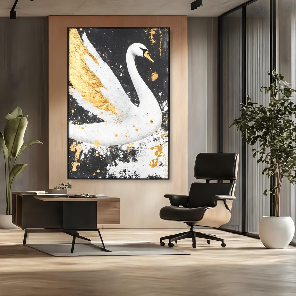 Tablou canvas cu tablou canvas cu lebada si auriu, in rama de aluminiu negru, pe perete intr-un birou