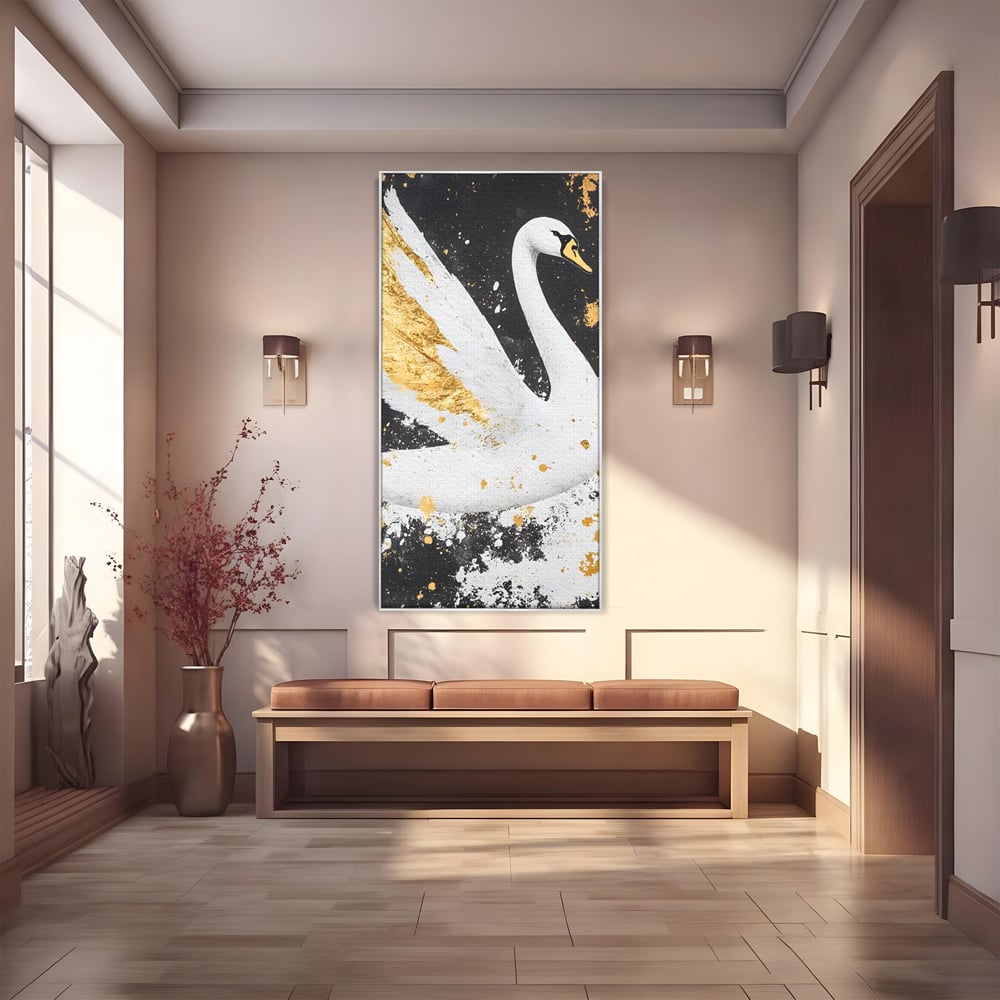 Tablou canvas cu tablou canvas cu lebada si auriu, in rama de aluminiu argintiu