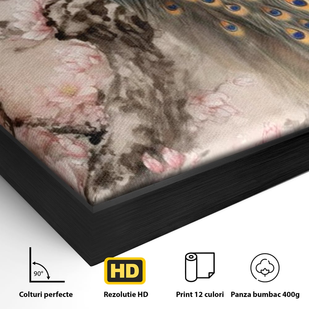Detaliu al suprafetei: tablou canvas cu paun si flori, in rama de aluminiu negru