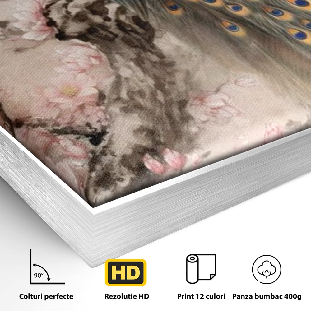 Detaliu al suprafetei: tablou canvas cu paun si flori, in rama de aluminiu argintiu