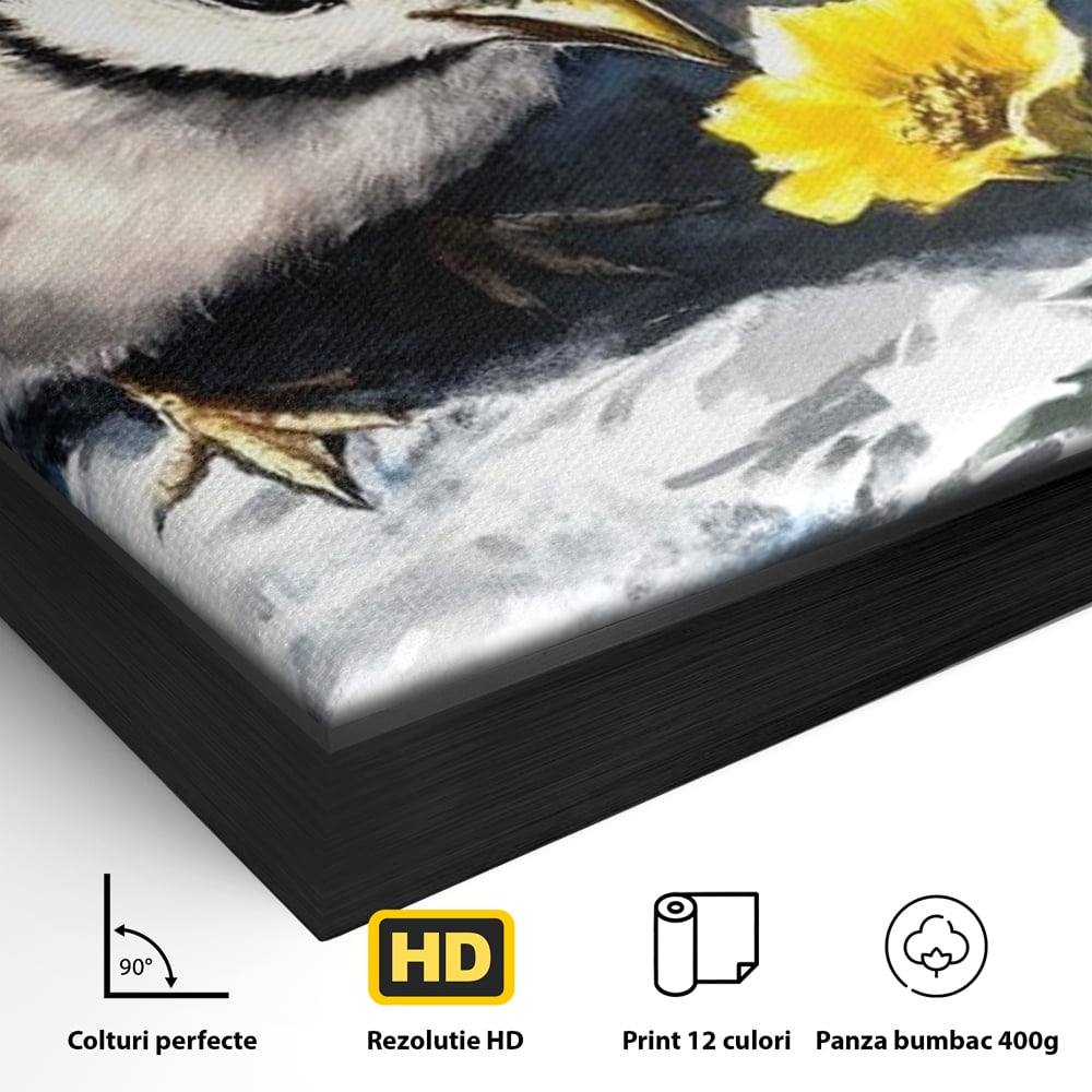 Detaliu al suprafetei: tablou canvas cu pui de pasare si floare galbena, in rama de aluminiu negru