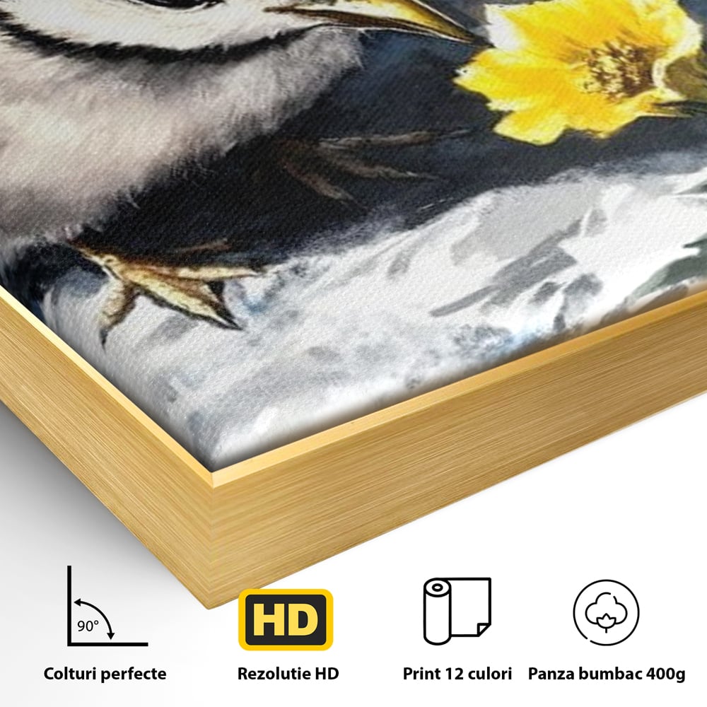 Detaliu al suprafetei: tablou canvas cu pui de pasare si floare galbena, in rama de aluminiu auriu