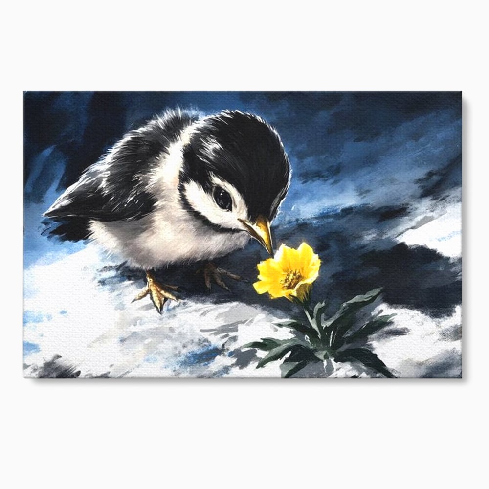 Tablou canvas cu tablou canvas cu pui de pasare si floare galbena, fara rama, pe sasiu de lemn
