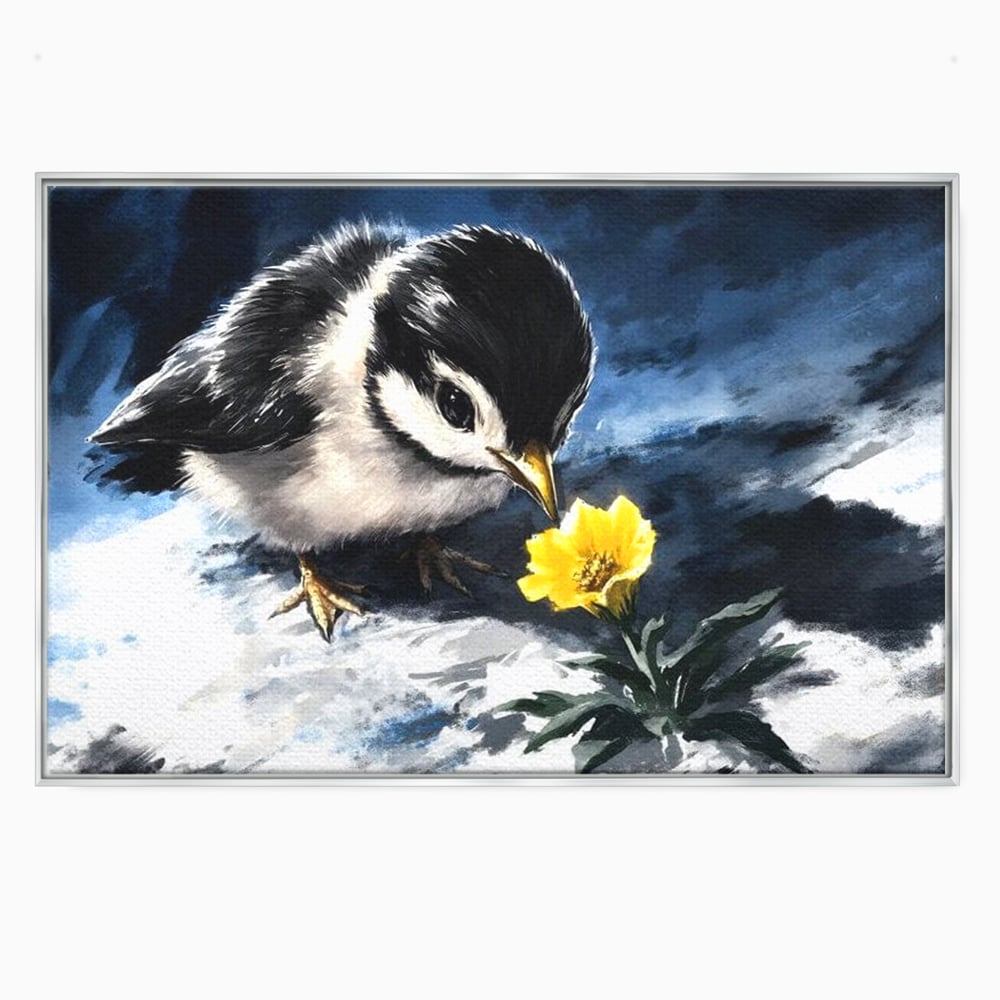Tablou canvas cu tablou canvas cu pui de pasare si floare galbena, in rama de aluminiu argintiu
