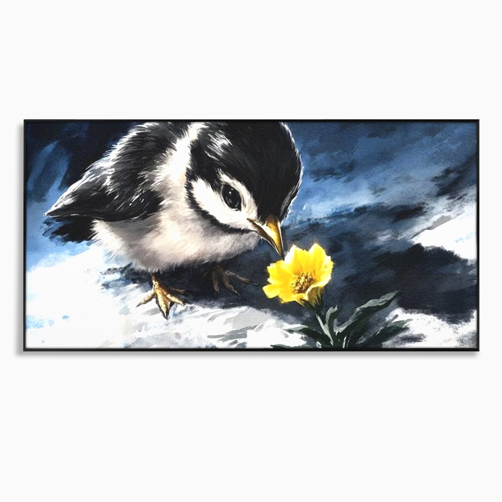 Tablou canvas cu tablou canvas cu pui de pasare si floare galbena, in rama de aluminiu negru