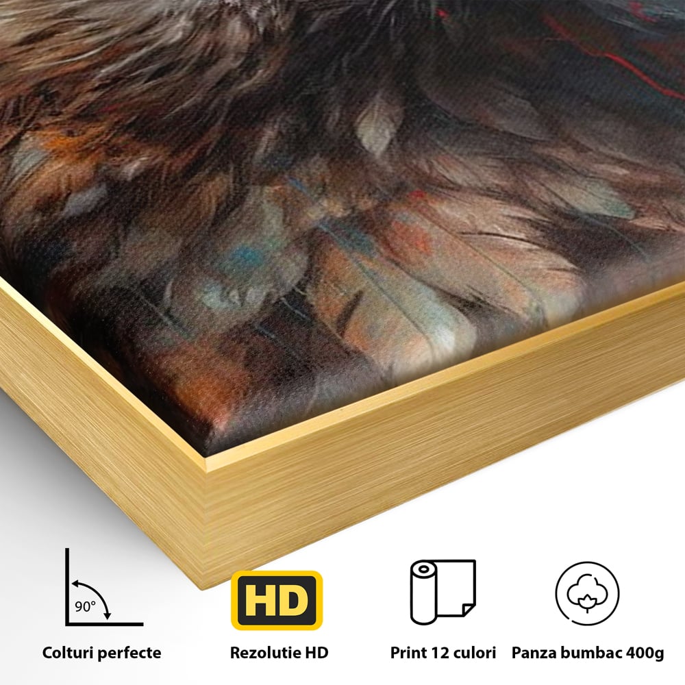 Detaliu al suprafetei: tablou canvas cu vultur stilizat, in rama de aluminiu auriu