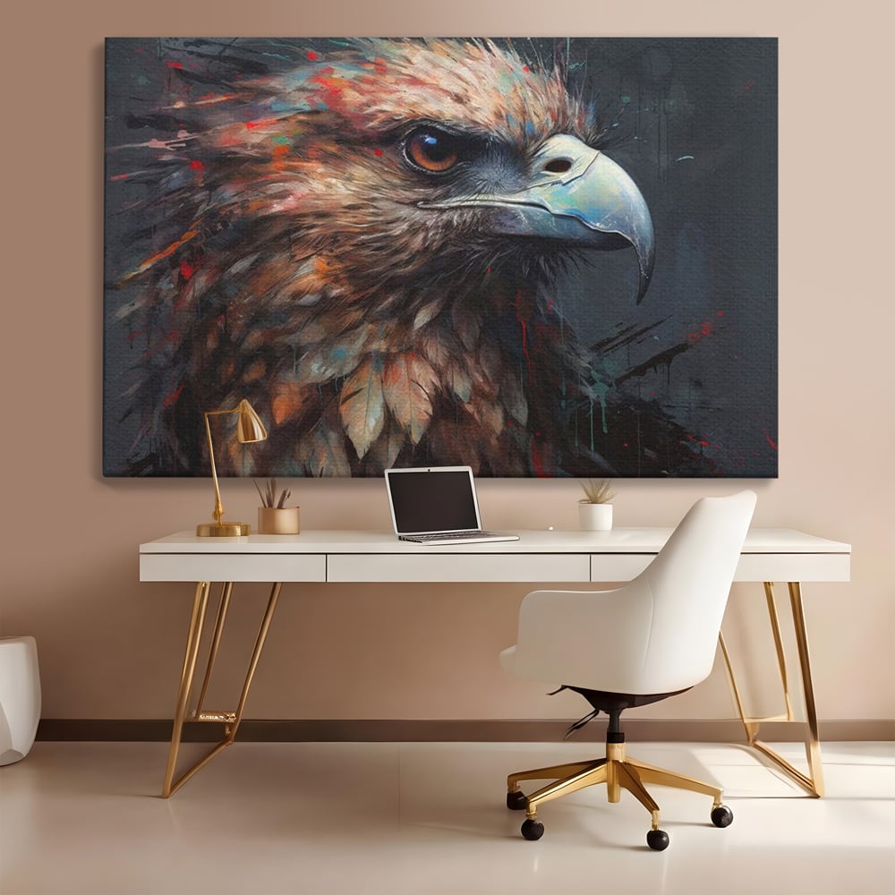 Tablou canvas cu tablou canvas cu vultur stilizat, fara rama, pe sasiu de lemn, pe perete intr-un birou