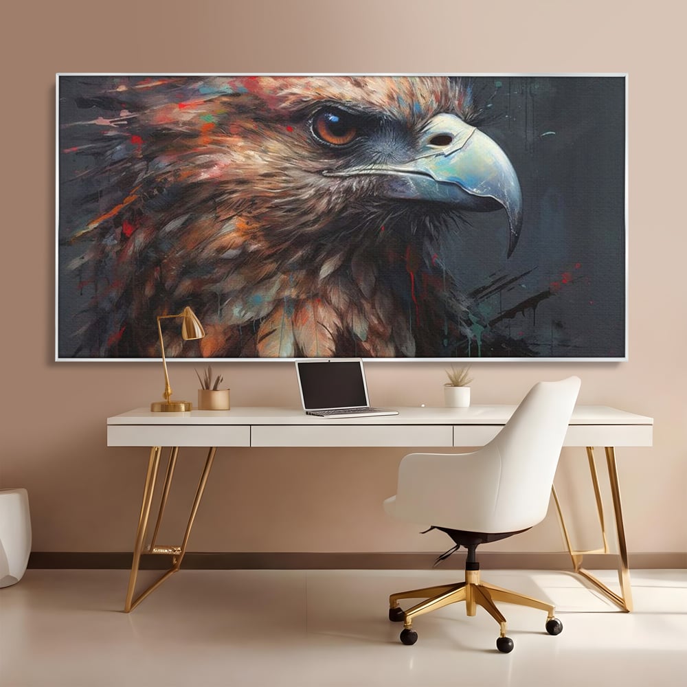 Tablou canvas cu tablou canvas cu vultur stilizat, in rama de aluminiu argintiu, pe perete intr-un birou