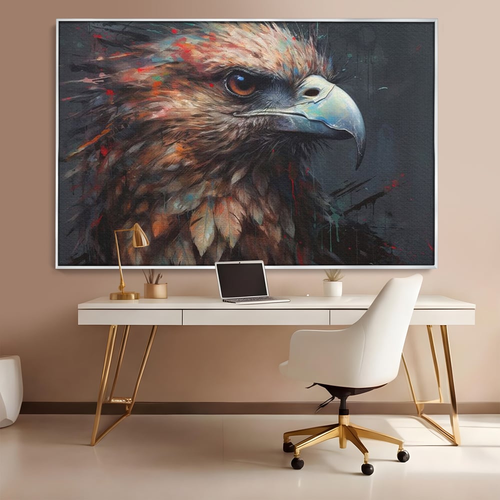 Tablou canvas cu tablou canvas cu vultur stilizat, in rama de aluminiu argintiu, pe perete intr-un birou