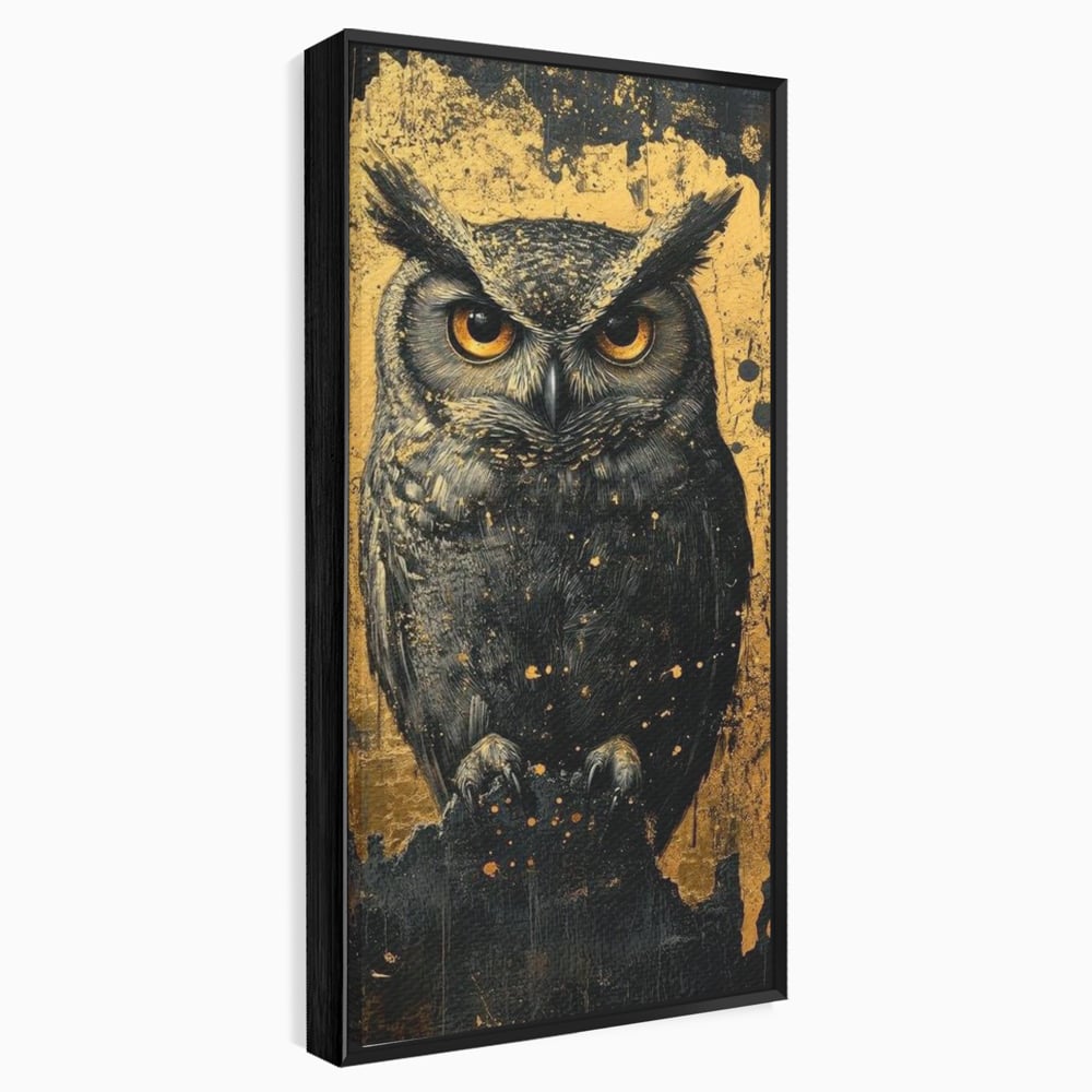 Tablou canvas cu tablou canvas cu bufnita neagra si fundal auriu, in rama de aluminiu negru