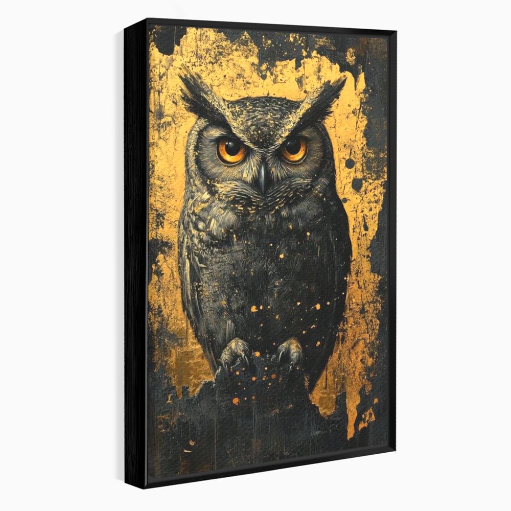 Tablou canvas cu tablou canvas cu bufnita neagra si fundal auriu, in rama de aluminiu negru