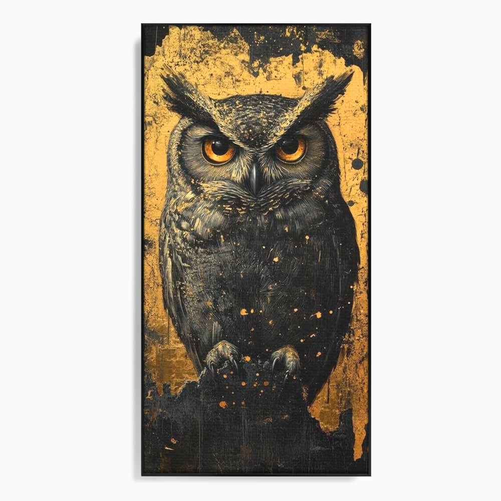 Tablou canvas cu tablou canvas cu bufnita neagra si fundal auriu, in rama de aluminiu negru