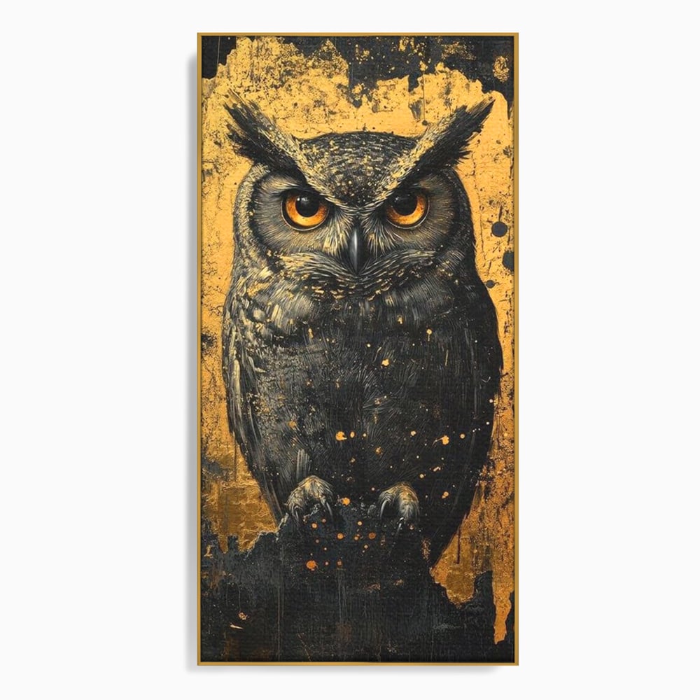 Tablou canvas cu tablou canvas cu bufnita neagra si fundal auriu, in rama de aluminiu auriu