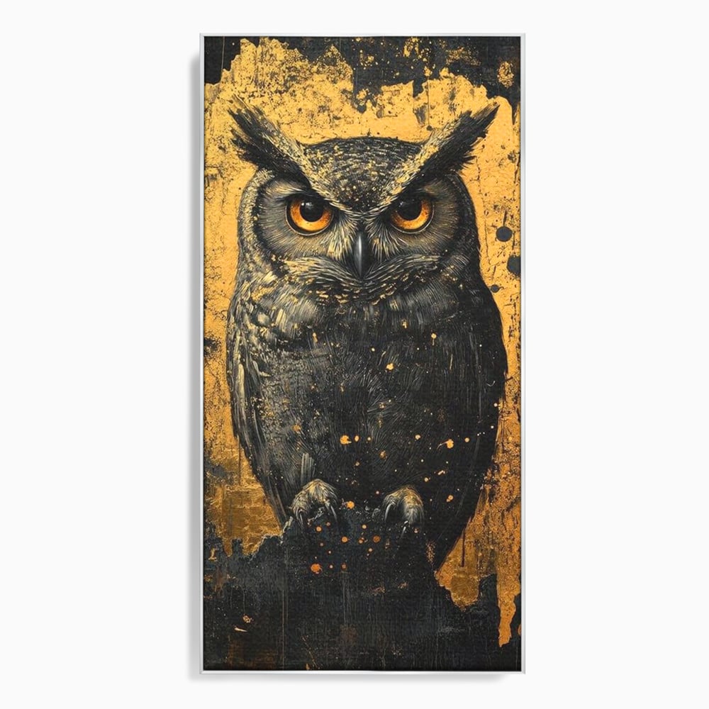Tablou canvas cu tablou canvas cu bufnita neagra si fundal auriu, in rama de aluminiu argintiu