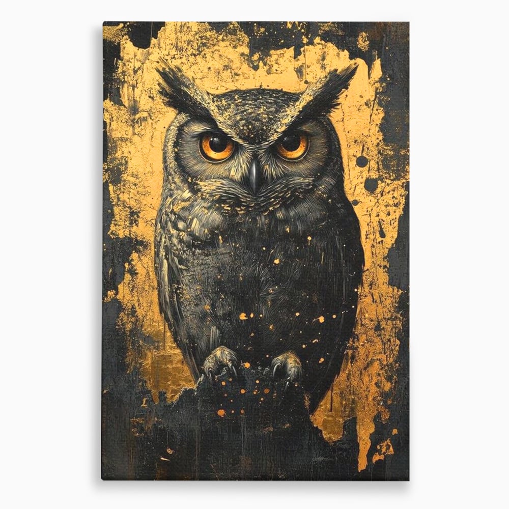 Tablou canvas cu tablou canvas cu bufnita neagra si fundal auriu, fara rama, pe sasiu de lemn