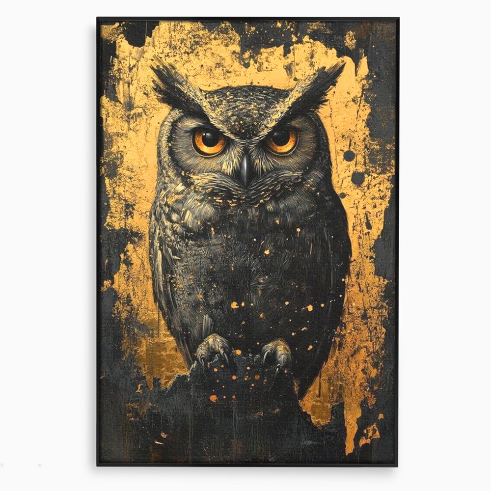 Tablou canvas cu tablou canvas cu bufnita neagra si fundal auriu, in rama de aluminiu negru