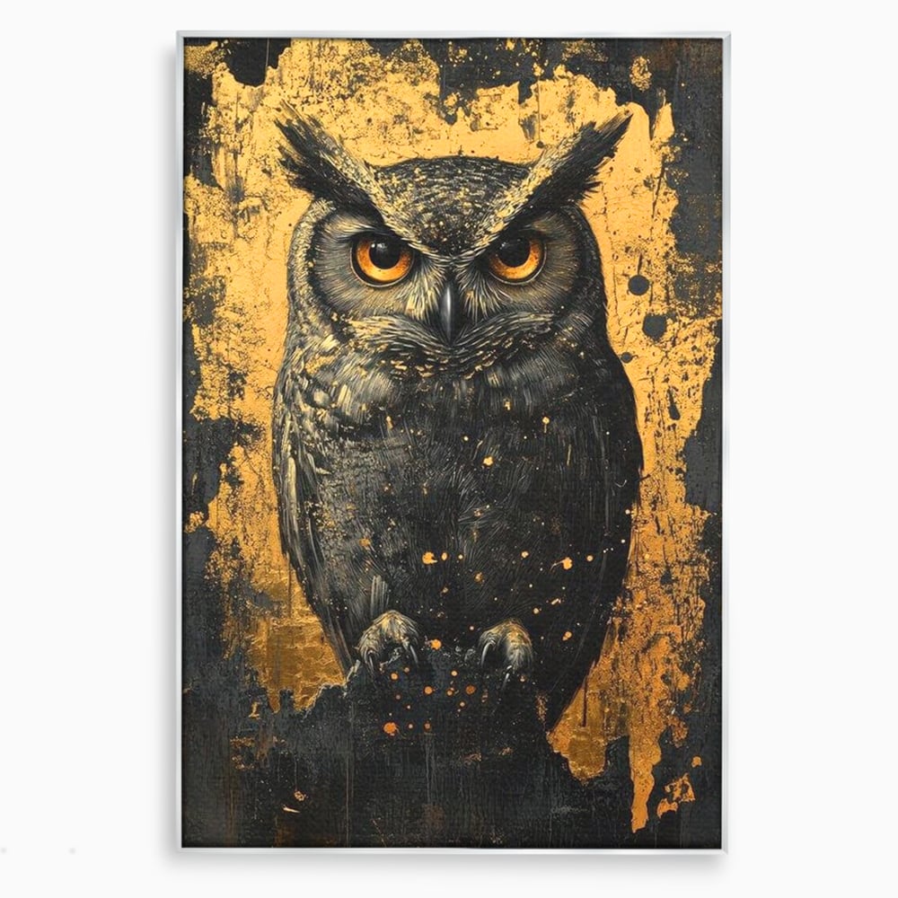 Tablou canvas cu tablou canvas cu bufnita neagra si fundal auriu, in rama de aluminiu argintiu