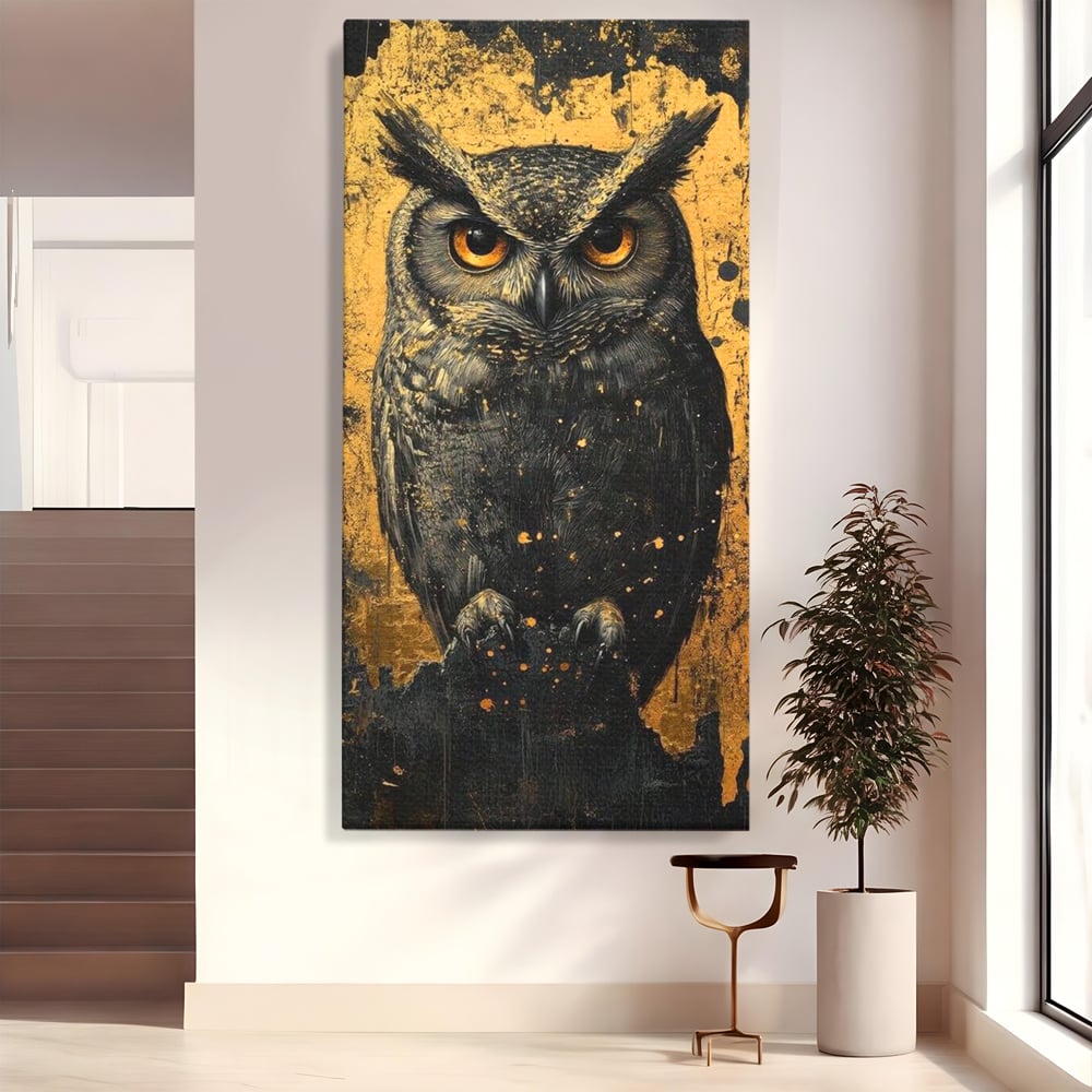 Tablou canvas cu tablou canvas cu bufnita neagra si fundal auriu, fara rama, pe sasiu de lemn
