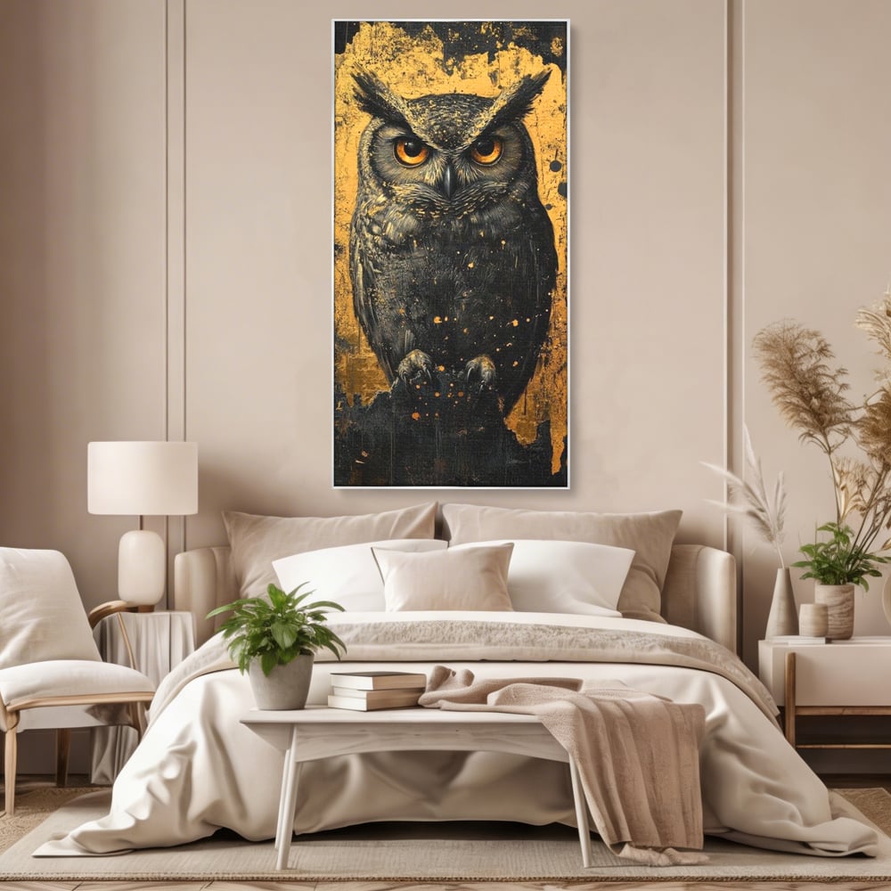 Tablou canvas cu tablou canvas cu bufnita neagra si fundal auriu, in rama de aluminiu argintiu, pe perete intr-un dormitor