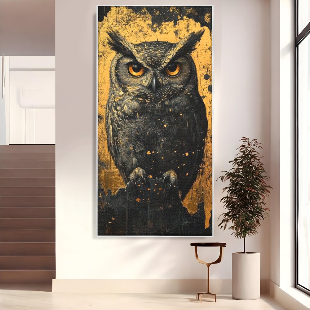 Tablou canvas cu tablou canvas cu bufnita neagra si fundal auriu, in rama de aluminiu argintiu