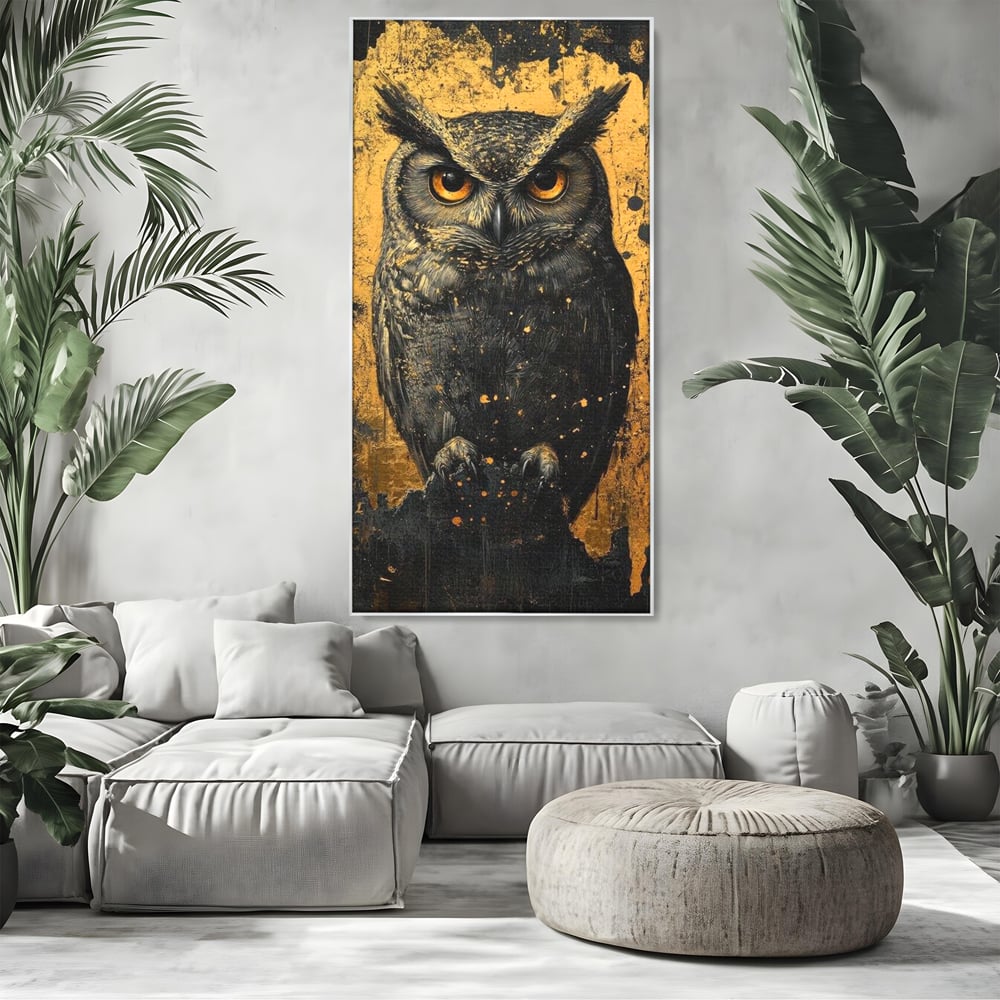 Tablou canvas cu tablou canvas cu bufnita neagra si fundal auriu, in rama de aluminiu argintiu, pe perete intr-un living