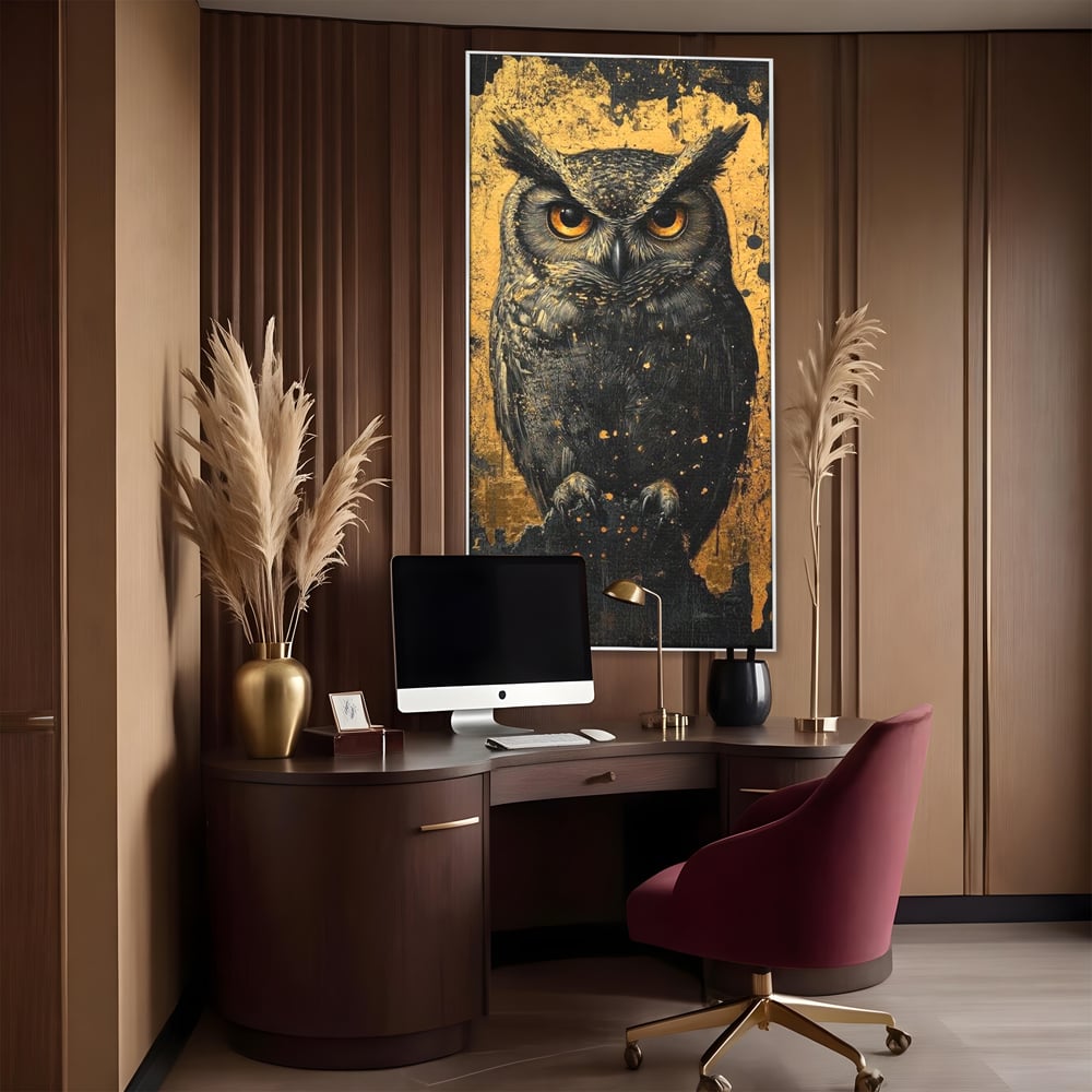 Tablou canvas cu tablou canvas cu bufnita neagra si fundal auriu, in rama de aluminiu argintiu, pe perete intr-un birou
