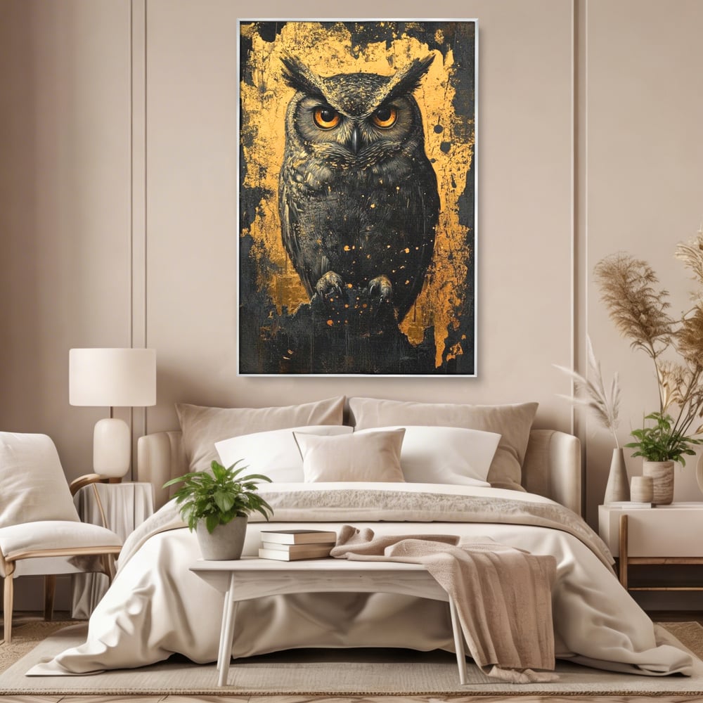 Tablou canvas cu tablou canvas cu bufnita neagra si fundal auriu, in rama de aluminiu argintiu, pe perete intr-un dormitor