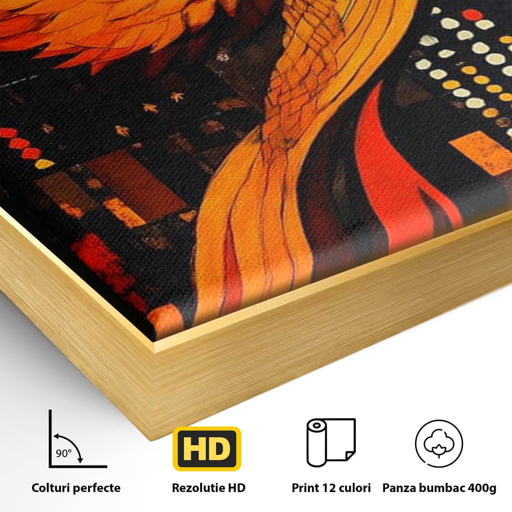 Detaliu al suprafetei: tablou canvas cu pasarea phoenix, in rama de aluminiu auriu