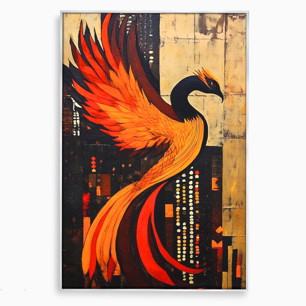 Tablou canvas cu tablou canvas cu pasarea phoenix, in rama de aluminiu argintiu