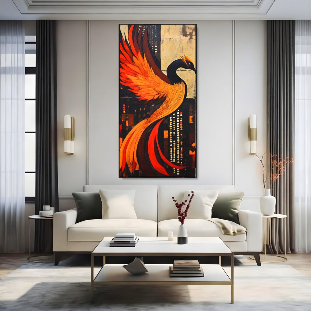 Tablou canvas cu tablou canvas cu pasarea phoenix, in rama de aluminiu negru, pe perete intr-un living