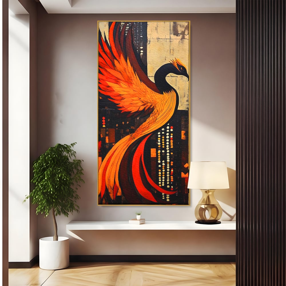 Tablou canvas cu tablou canvas cu pasarea phoenix, in rama de aluminiu auriu