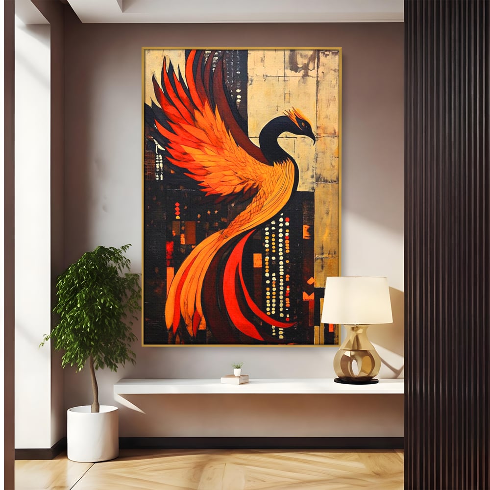 Tablou canvas cu tablou canvas cu pasarea phoenix, in rama de aluminiu auriu