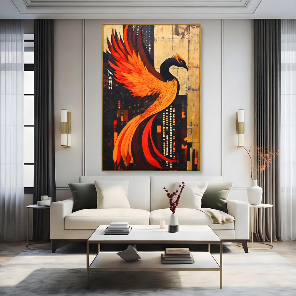 Tablou canvas cu tablou canvas cu pasarea phoenix, in rama de aluminiu auriu, pe perete intr-un living