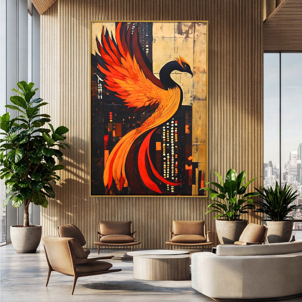 Tablou canvas cu tablou canvas cu pasarea phoenix, in rama de aluminiu auriu, pe perete intr-un birou