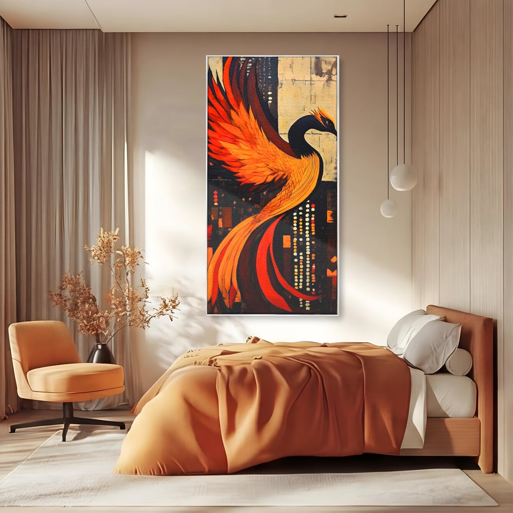 Tablou canvas cu tablou canvas cu pasarea phoenix, in rama de aluminiu argintiu, pe perete intr-un dormitor