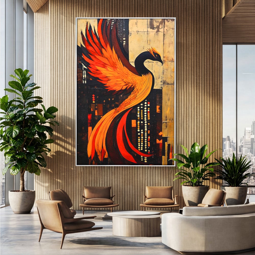 Tablou canvas cu tablou canvas cu pasarea phoenix, in rama de aluminiu argintiu, pe perete intr-un birou