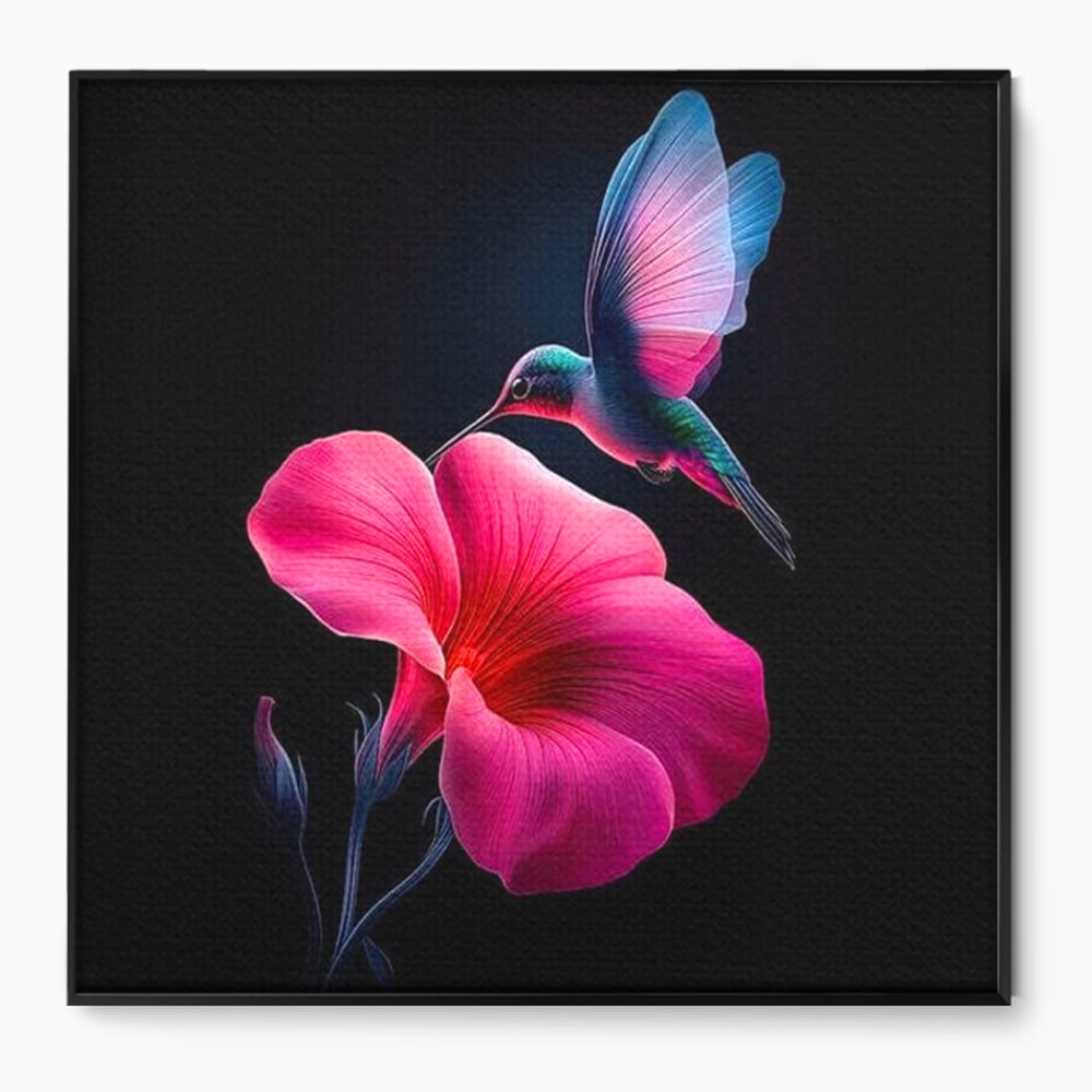 Tablou canvas cu ilustratie digitala cu colibri si floare roz, in rama de aluminiu negru