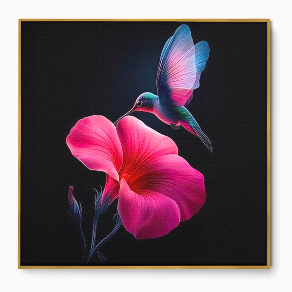 Tablou canvas cu ilustratie digitala cu colibri si floare roz, in rama de aluminiu auriu