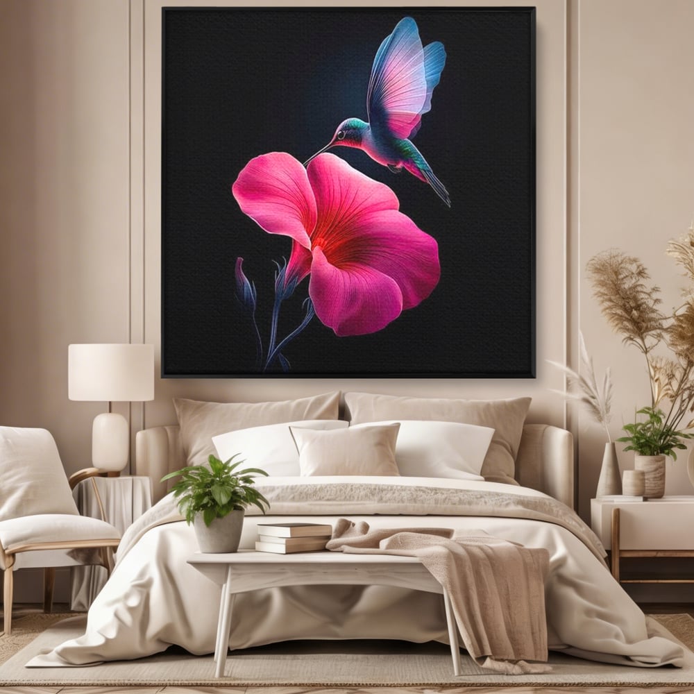 Tablou canvas cu ilustratie digitala cu colibri si floare roz, in rama de aluminiu negru, pe perete intr-un dormitor