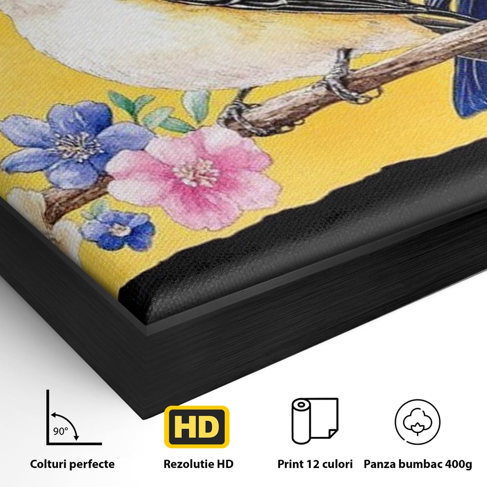 Detaliu al suprafetei: tablou canvas cu trei pasari pe ramura, in rama de aluminiu negru