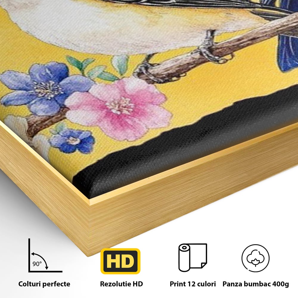 Detaliu al suprafetei: tablou canvas cu trei pasari pe ramura, in rama de aluminiu auriu