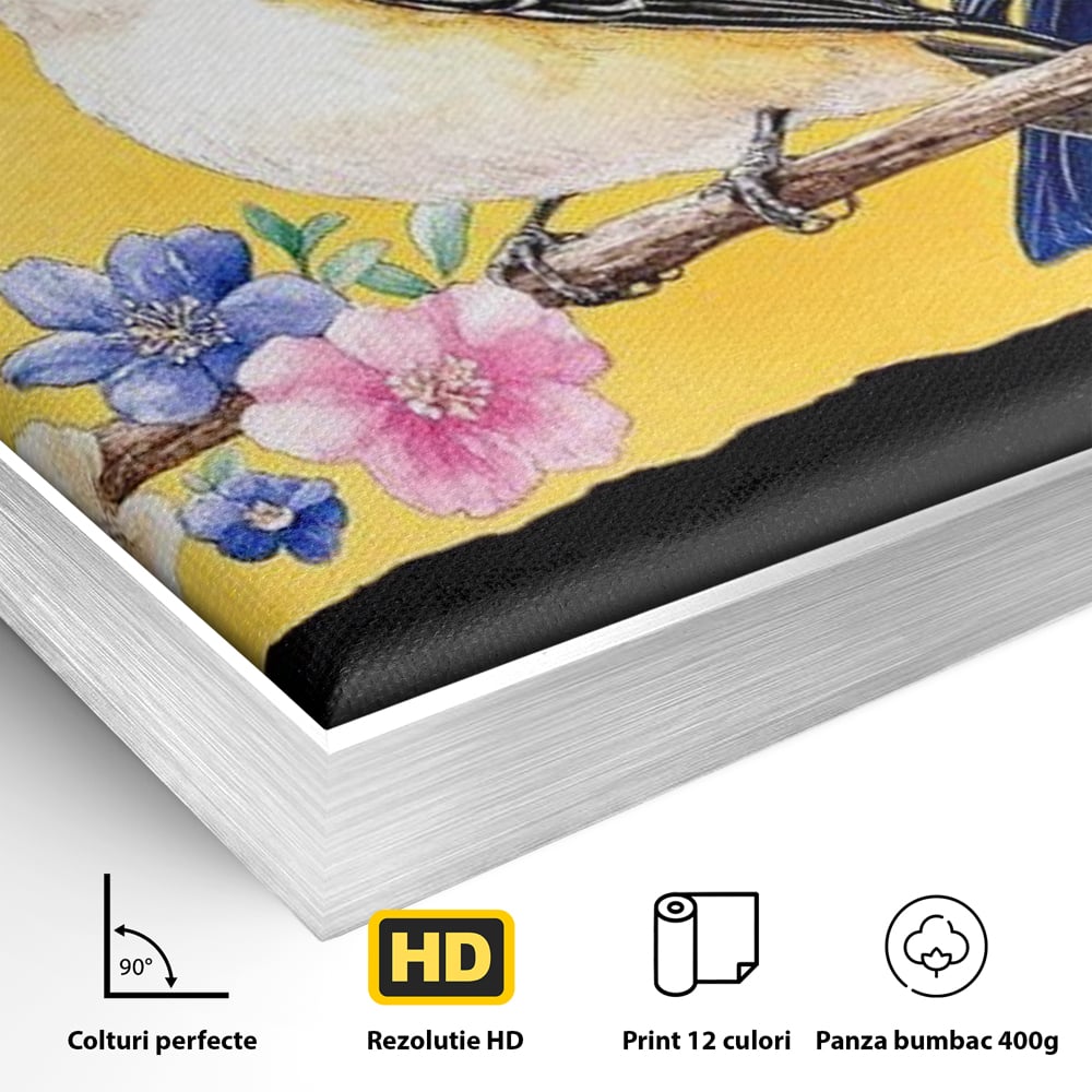 Detaliu al suprafetei: tablou canvas cu trei pasari pe ramura, in rama de aluminiu argintiu