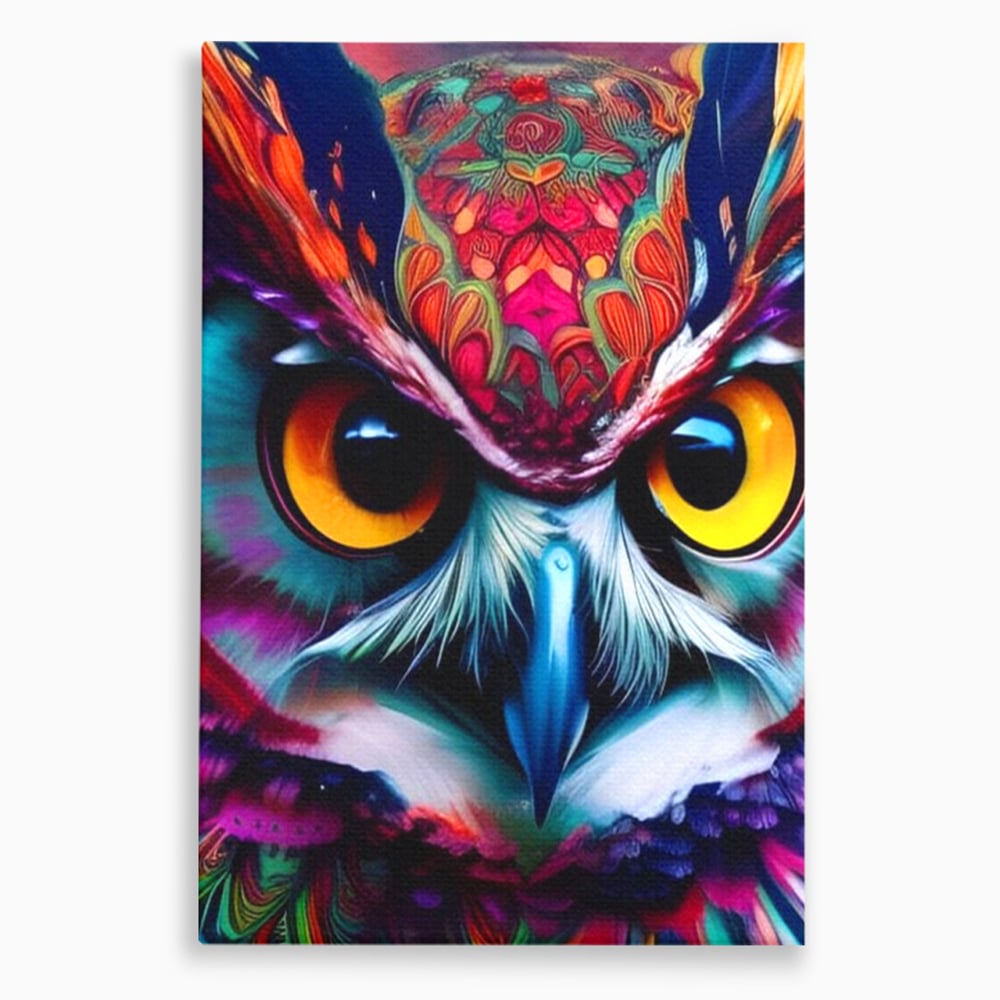 Tablou canvas cu portret digital de bufnita colorata, fara rama, pe sasiu de lemn