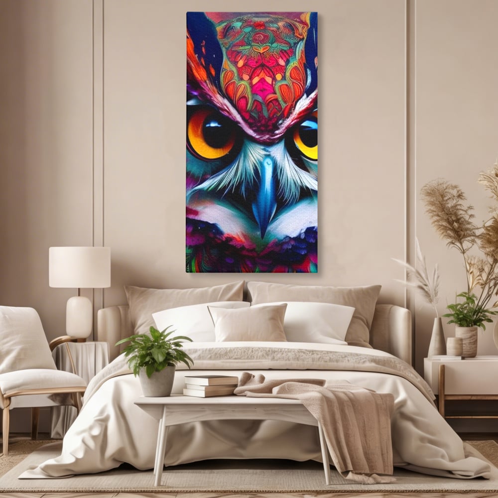 Tablou canvas cu portret digital de bufnita colorata, fara rama, pe sasiu de lemn, pe perete intr-un dormitor