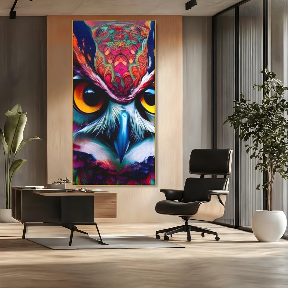 Tablou canvas cu portret digital de bufnita colorata, in rama de aluminiu auriu, pe perete intr-un birou