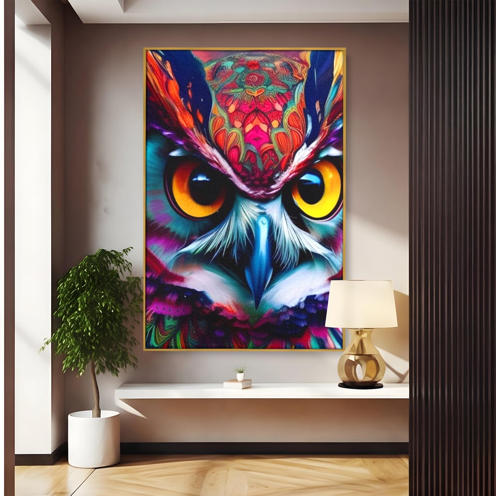 Tablou canvas cu portret digital de bufnita colorata, in rama de aluminiu auriu