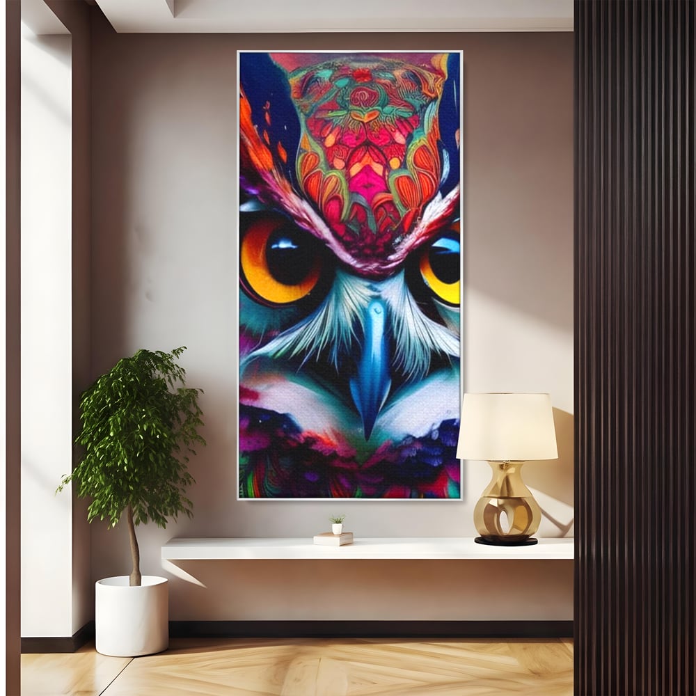 Tablou canvas cu portret digital de bufnita colorata, in rama de aluminiu argintiu