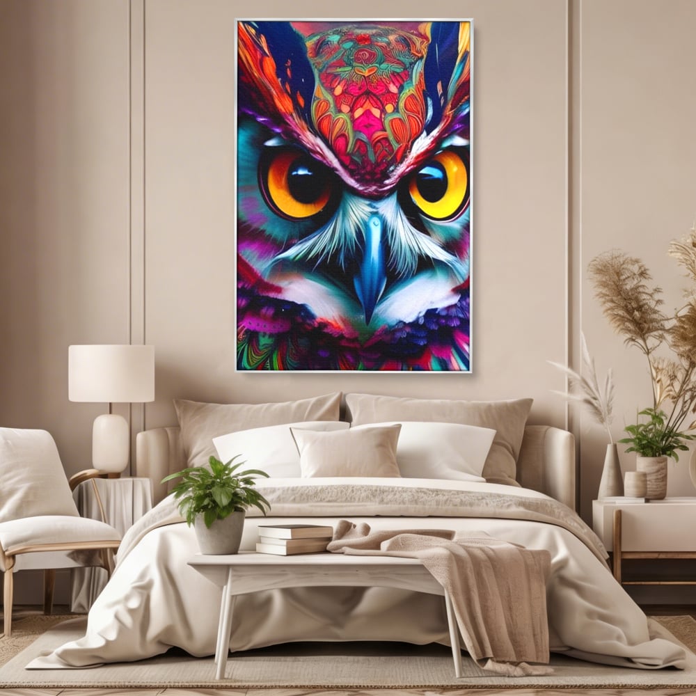 Tablou canvas cu portret digital de bufnita colorata, in rama de aluminiu argintiu, pe perete intr-un dormitor
