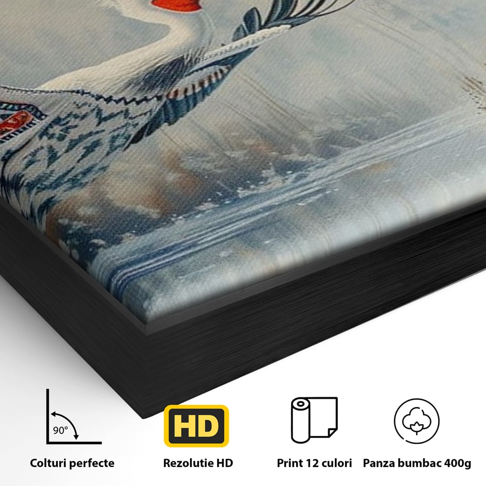 Detaliu al suprafetei: tablou canvas cu pelican in zbor, in rama de aluminiu negru